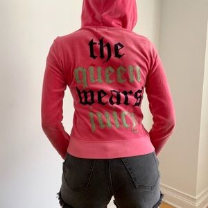 Juicy Couture medium zip up sweater. “The queen wears juicy” on back